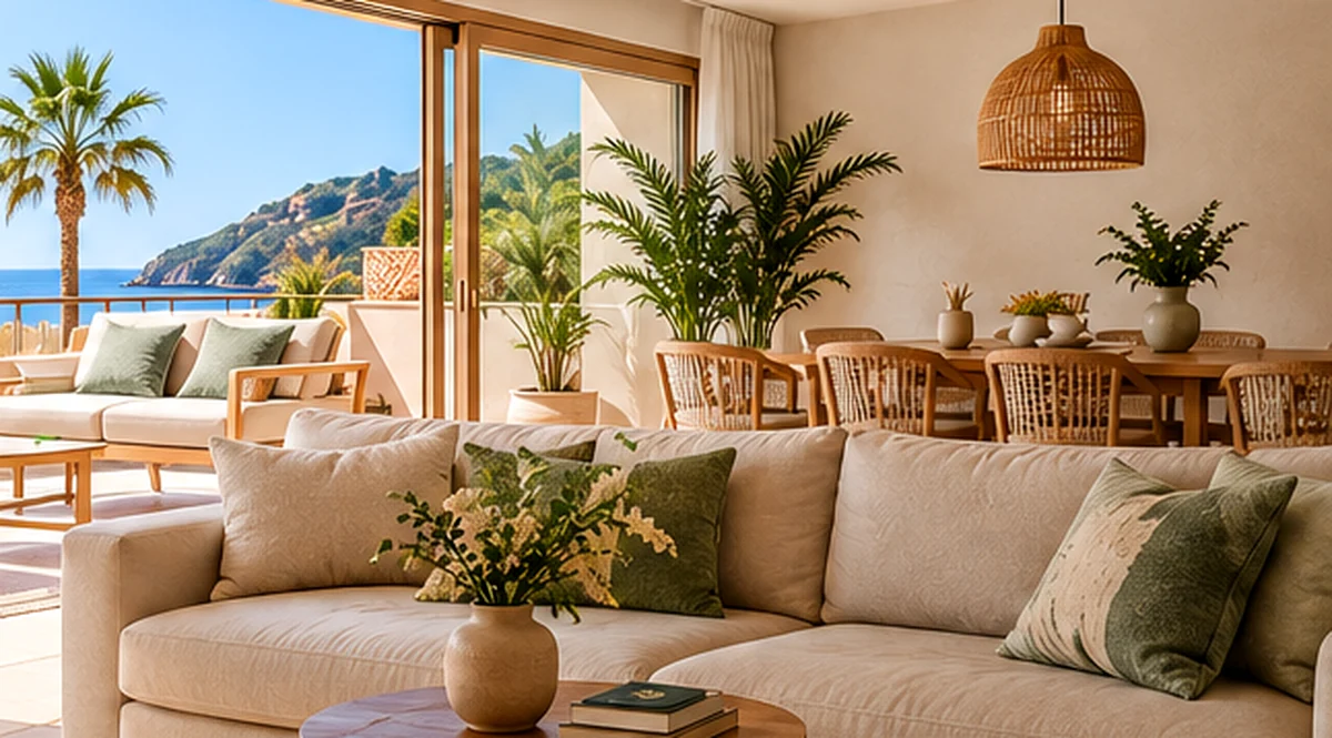 Heller mediterraner Wohnbereich mit Blick auf eine Terrasse auf Mallorca – Symbolbild